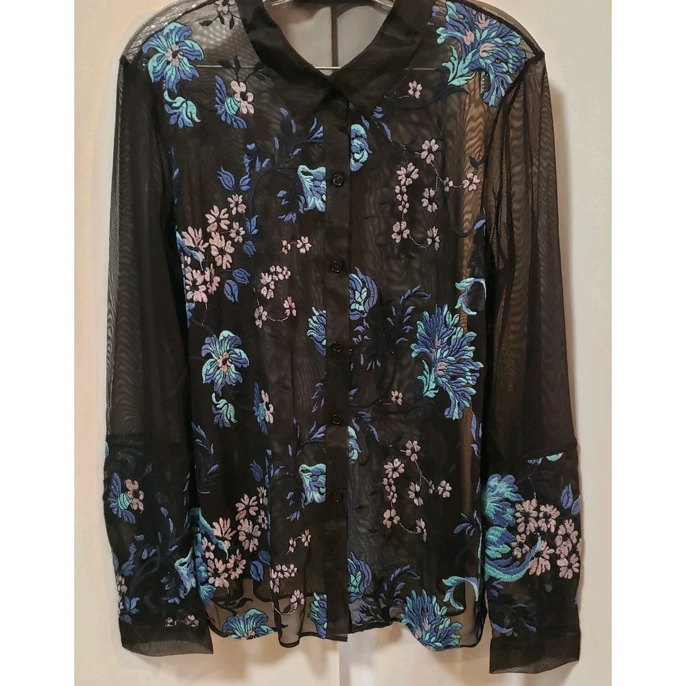SB By Sachin & Babi Top Blue Sheer Mesh Floral Embroidered Button-Up Size L? XL?